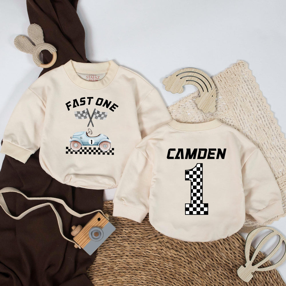 Personalized Fast One Baby Boy Race Car Romper First Birthday Outfit Custom Name Bodysuit Retro Checkered Flag Design Gift Cotton Soft