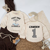 Personalized Fast One Baby Boy Race Car Romper First Birthday Outfit Custom Name Bodysuit Retro Checkered Flag Design Gift Cotton Soft