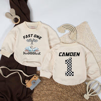 Personalized Fast One Baby Boy Race Car Romper First Birthday Outfit Custom Name Bodysuit Retro Checkered Flag Design Gift Cotton Soft