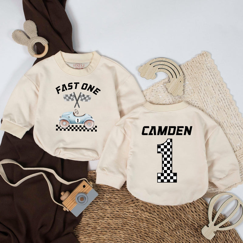 Personalized Fast One Baby Boy Race Car Romper First Birthday Outfit Custom Name Bodysuit Retro Checkered Flag Design Gift Cotton Soft