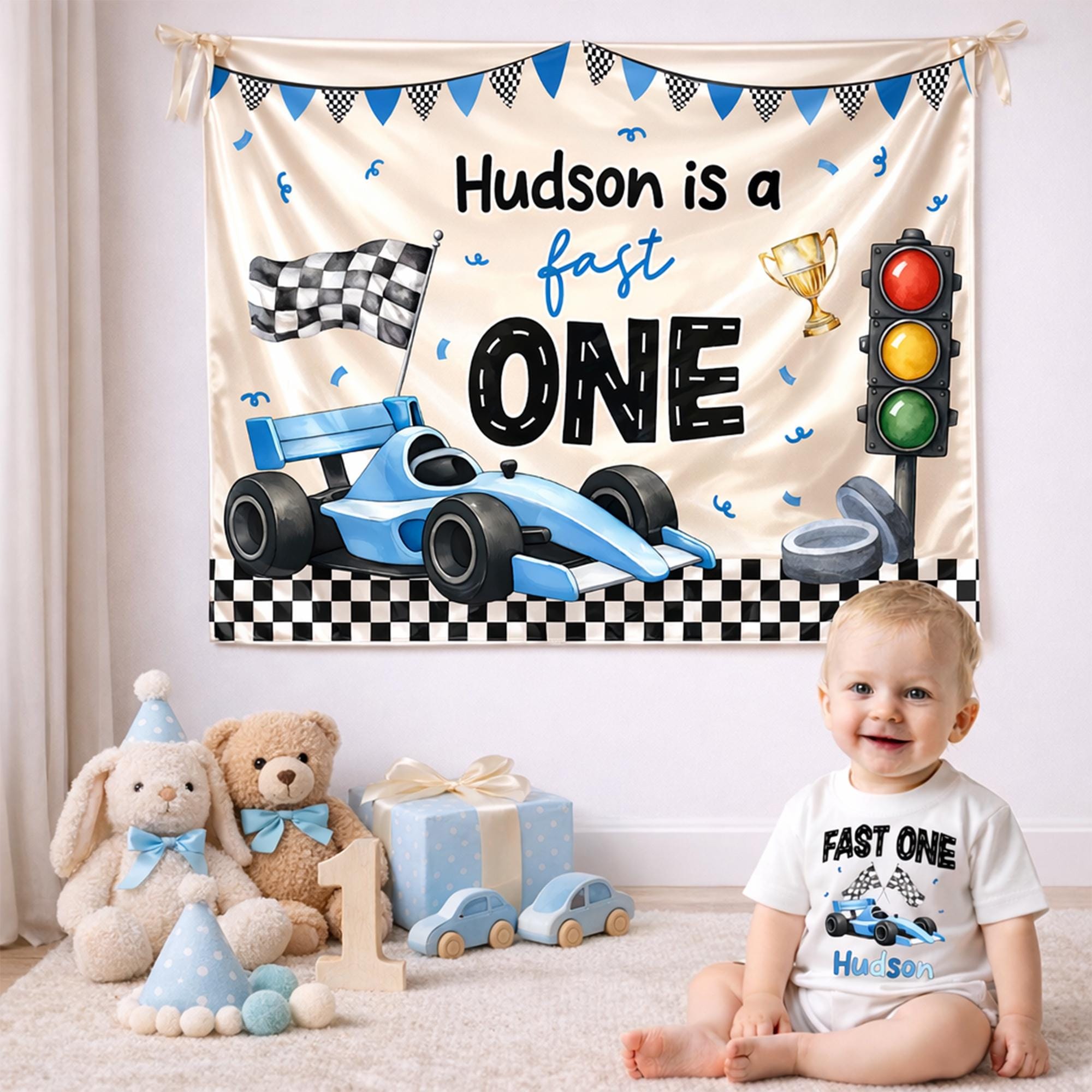 Personalized Fast One Baby Boy Romper with Race Car Graphic First Birthday Outfit Party Banner Silk Custom Hudson Design Gift