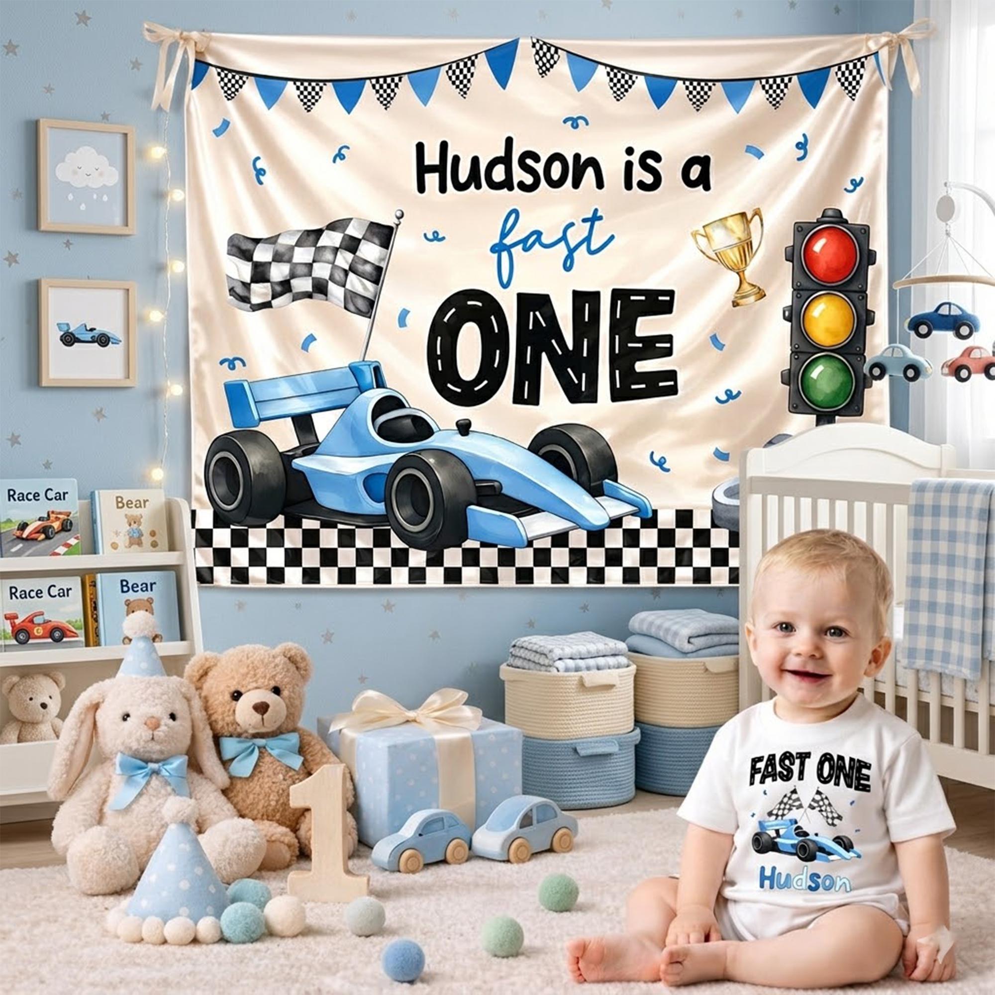 Personalized Fast One Baby Boy Romper with Race Car Graphic First Birthday Outfit Party Banner Silk Custom Hudson Design Gift