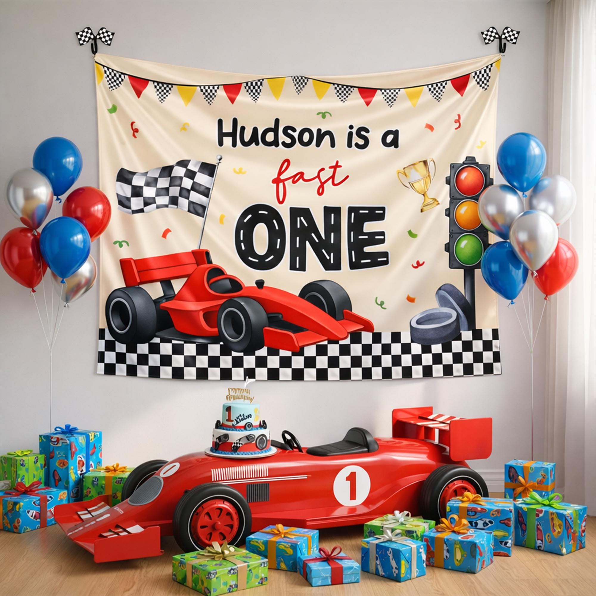 Personalized Fast One Birthday Banner with Race Car Design for Boys First Party Custom Name Backdrop Checkered Flag Traffic Light Trophy