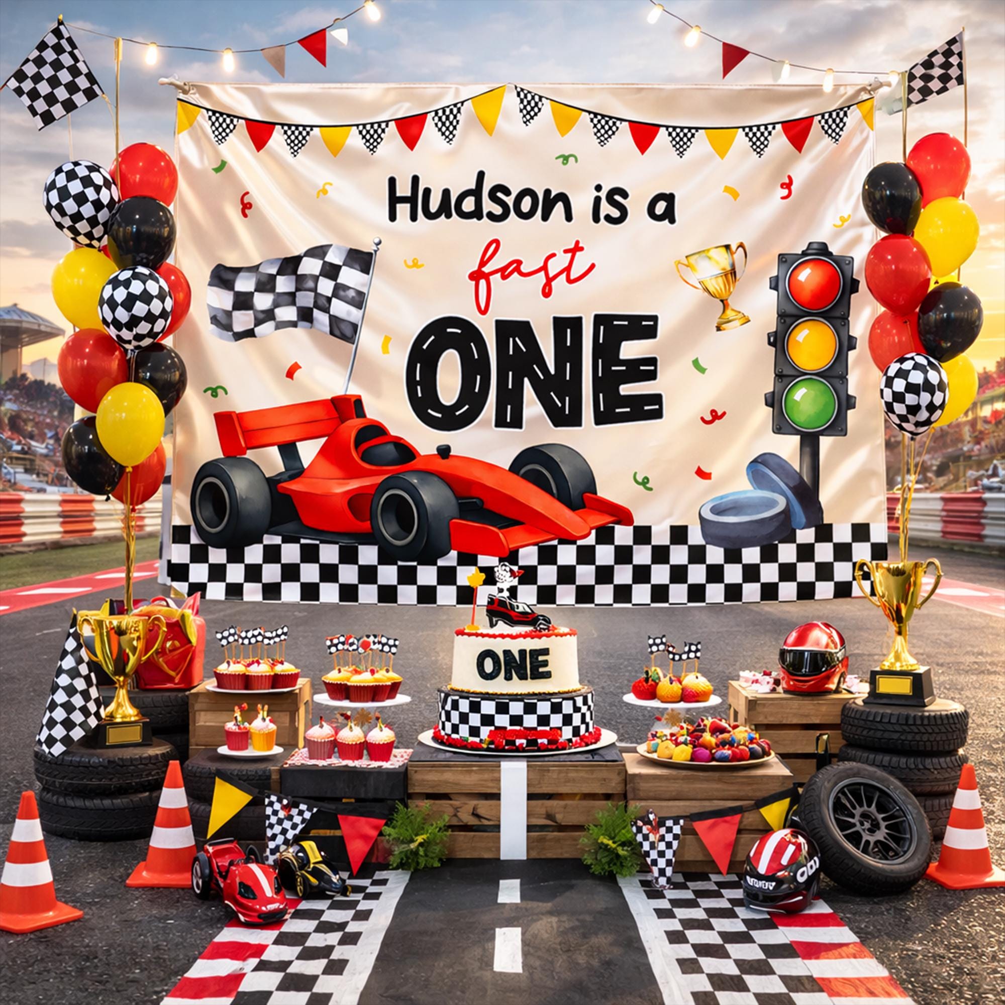 Personalized Fast One Birthday Banner with Race Car Design for Boys First Party Custom Name Backdrop Checkered Flag Traffic Light Trophy