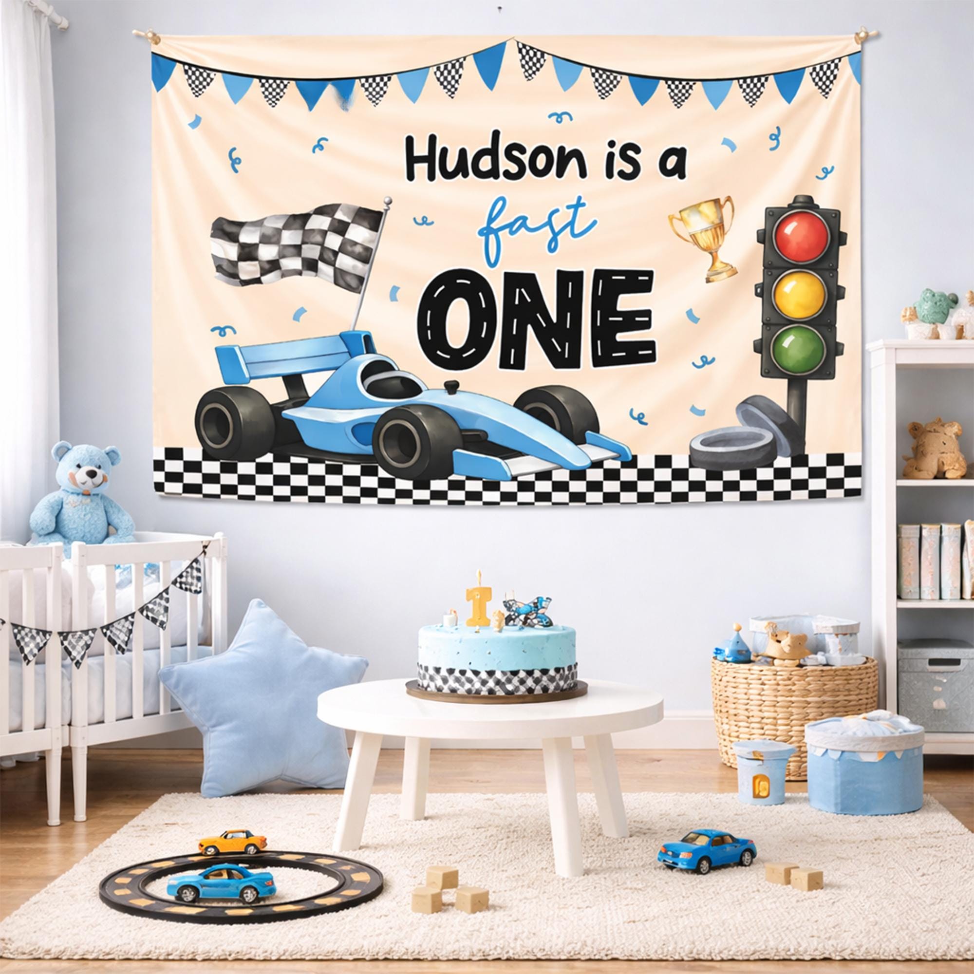 Personalized Fast One Birthday Banner with Race Car Design for Toddler Boy Party Backdrop Cream and Blue First Birthday Decoration