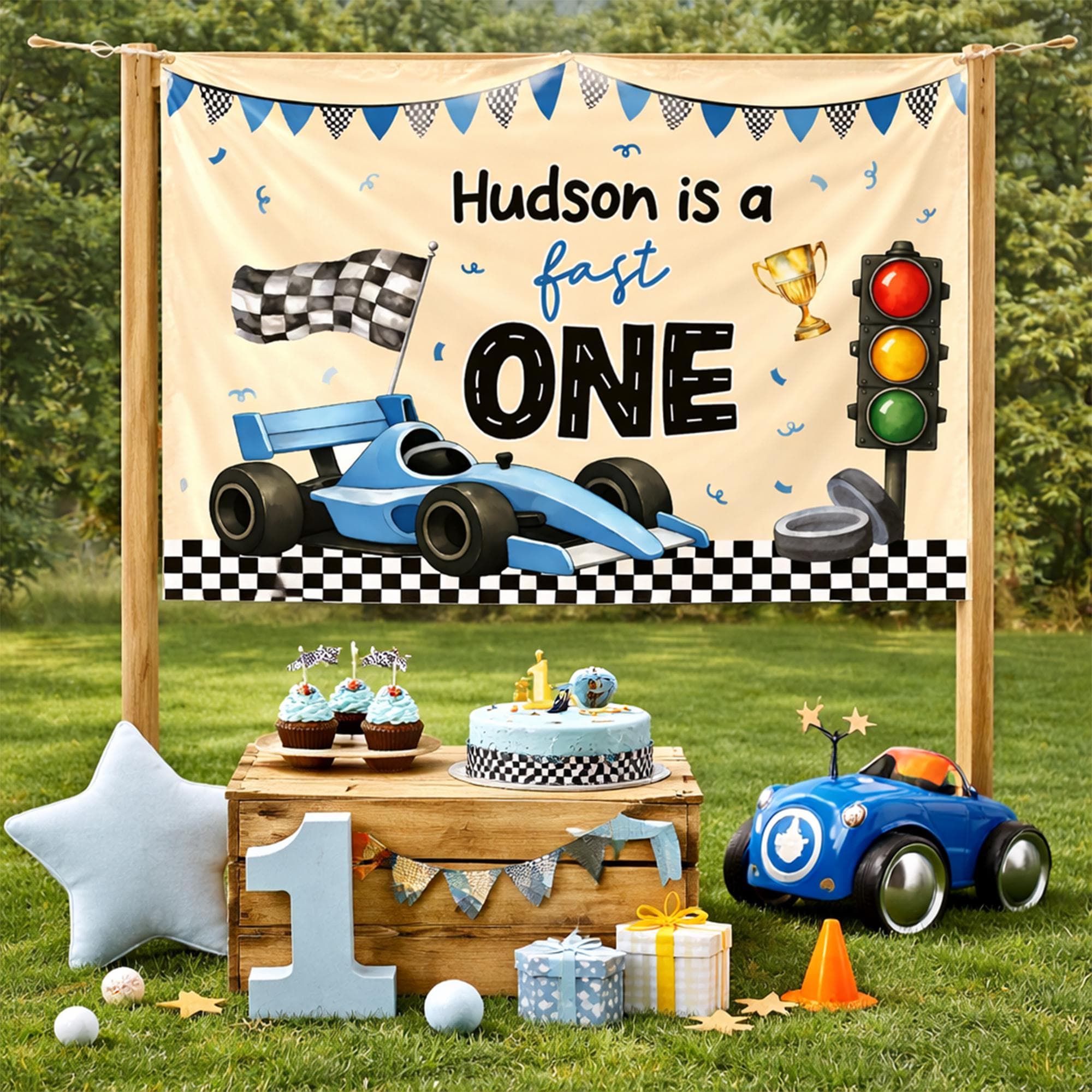 Personalized Fast One Birthday Banner with Race Car Design for Toddler Boy Party Backdrop Cream and Blue First Birthday Decoration