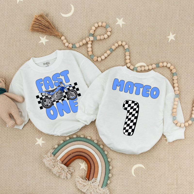 Personalized Fast One Motocross Baby Romper Blue Bike Racing Birthday Outfit Boy's First Celebration Soft Cotton Name Mateo