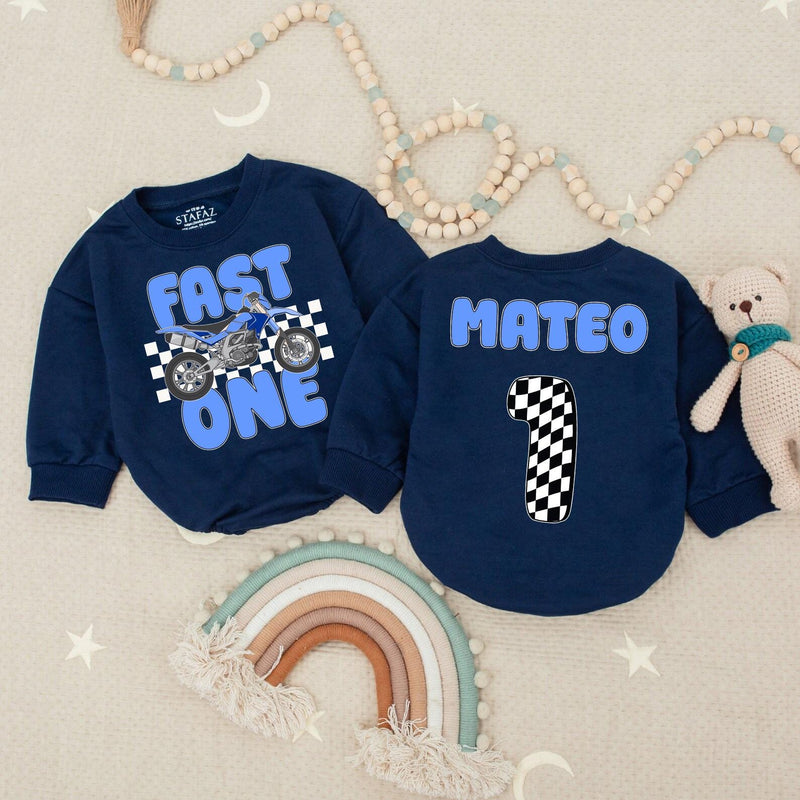 Personalized Fast One Motocross Baby Romper Blue Bike Racing Birthday Outfit Boy's First Celebration Soft Cotton Name Mateo