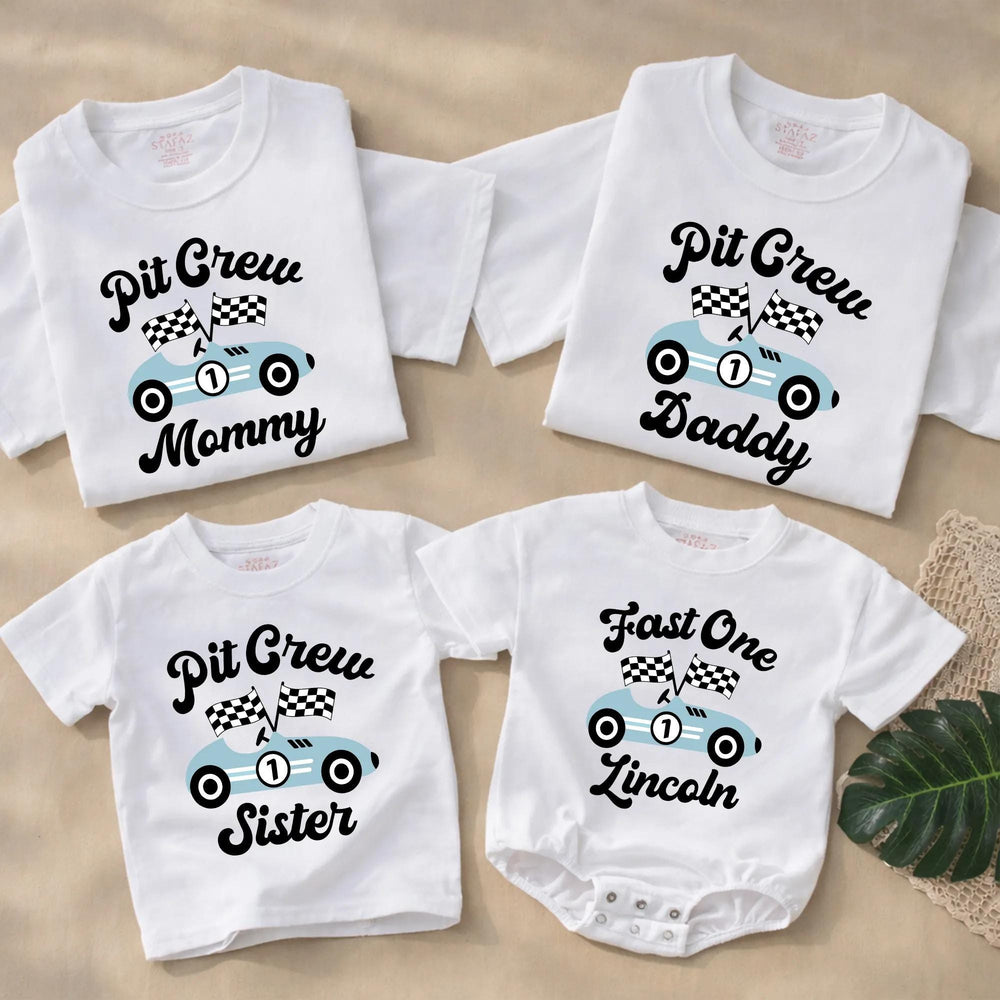 Personalized Fast One Pit Crew Birthday Shirt for Baby or Family, Light Blue Race Car Theme Outfit Perfect for First Speedway Party