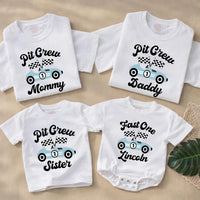 Personalized Fast One Pit Crew Birthday Shirt for Baby or Family, Light Blue Race Car Theme Outfit Perfect for First Speedway Party