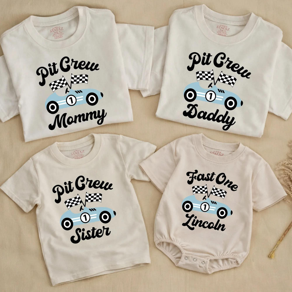 Personalized Fast One Pit Crew Birthday Shirt for Baby or Family, Light Blue Race Car Theme Outfit Perfect for First Speedway Party