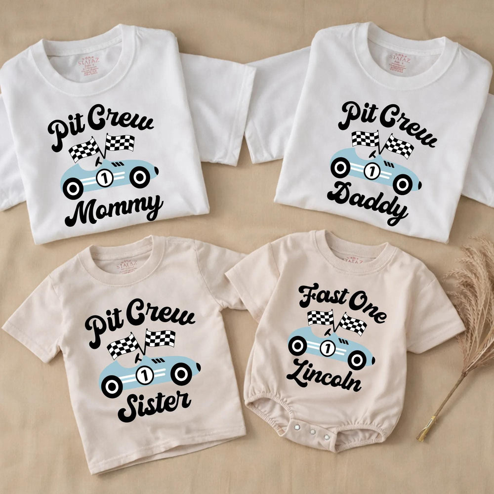 Personalized Fast One Pit Crew Birthday Shirt for Baby or Family, Light Blue Race Car Theme Outfit Perfect for First Speedway Party