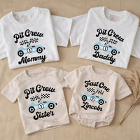 Personalized Fast One Pit Crew Birthday Shirt for Baby or Family, Light Blue Race Car Theme Outfit Perfect for First Speedway Party