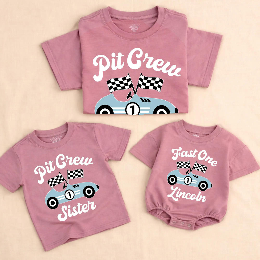 Personalized Fast One Pit Crew Birthday Shirt for Baby or Family, Light Blue Race Car Theme Outfit Perfect for First Speedway Party