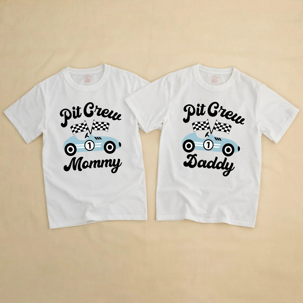 Personalized Fast One Pit Crew Birthday Shirt for Baby or Family, Light Blue Race Car Theme Outfit Perfect for First Speedway Party