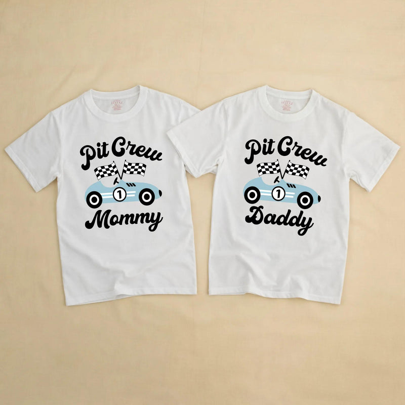 Personalized Fast One Pit Crew Birthday Shirt for Baby or Family, Light Blue Race Car Theme Outfit Perfect for First Speedway Party