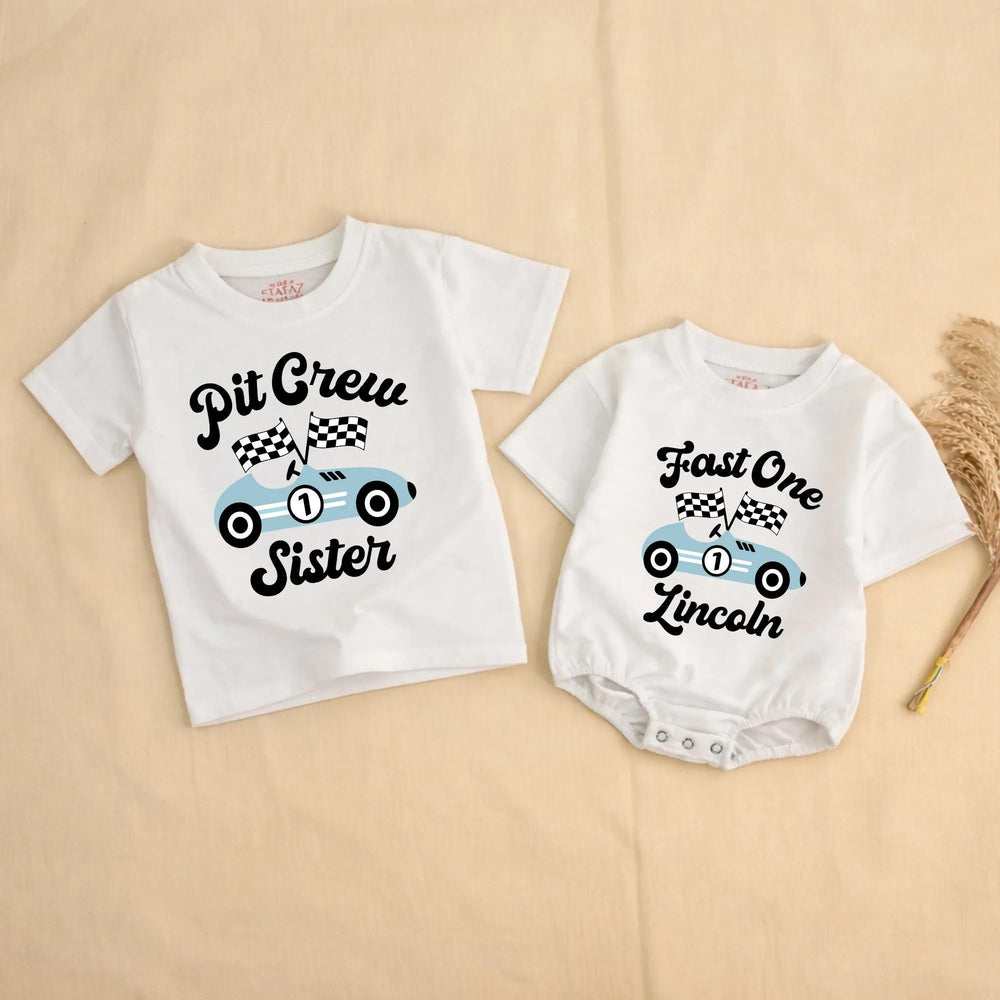 Personalized Fast One Pit Crew Birthday Shirt for Baby or Family, Light Blue Race Car Theme Outfit Perfect for First Speedway Party