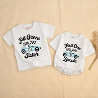 Personalized Fast One Pit Crew Birthday Shirt for Baby or Family, Light Blue Race Car Theme Outfit Perfect for First Speedway Party