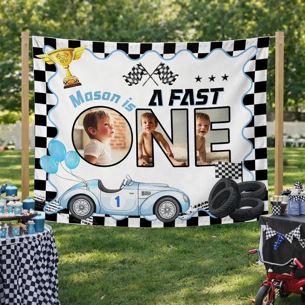 Personalized Fast One Race Car Birthday Banner with Photo Frame Custom Checkered First Birthday Party Backdrop Boy Celebration Decor