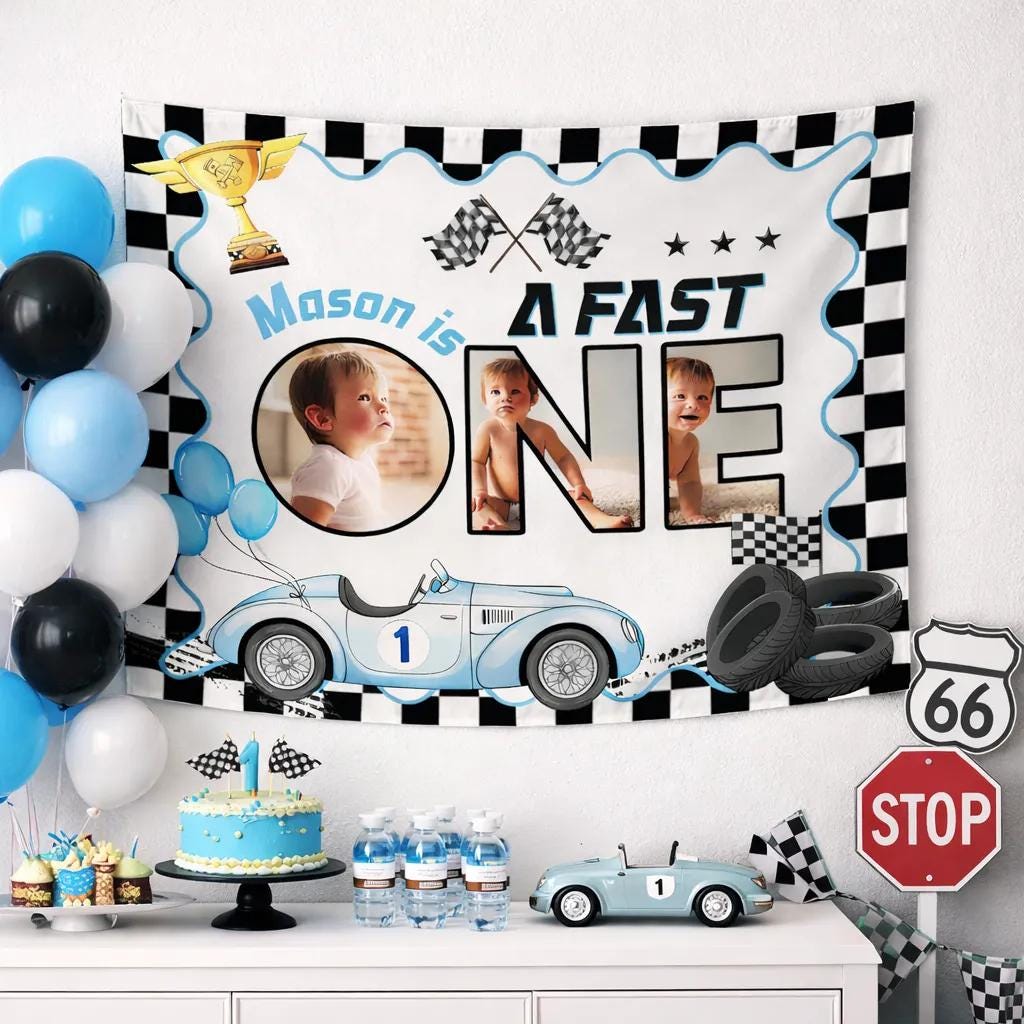Personalized Fast One Race Car Birthday Banner with Photo Frame Custom Checkered First Birthday Party Backdrop Boy Celebration Decor