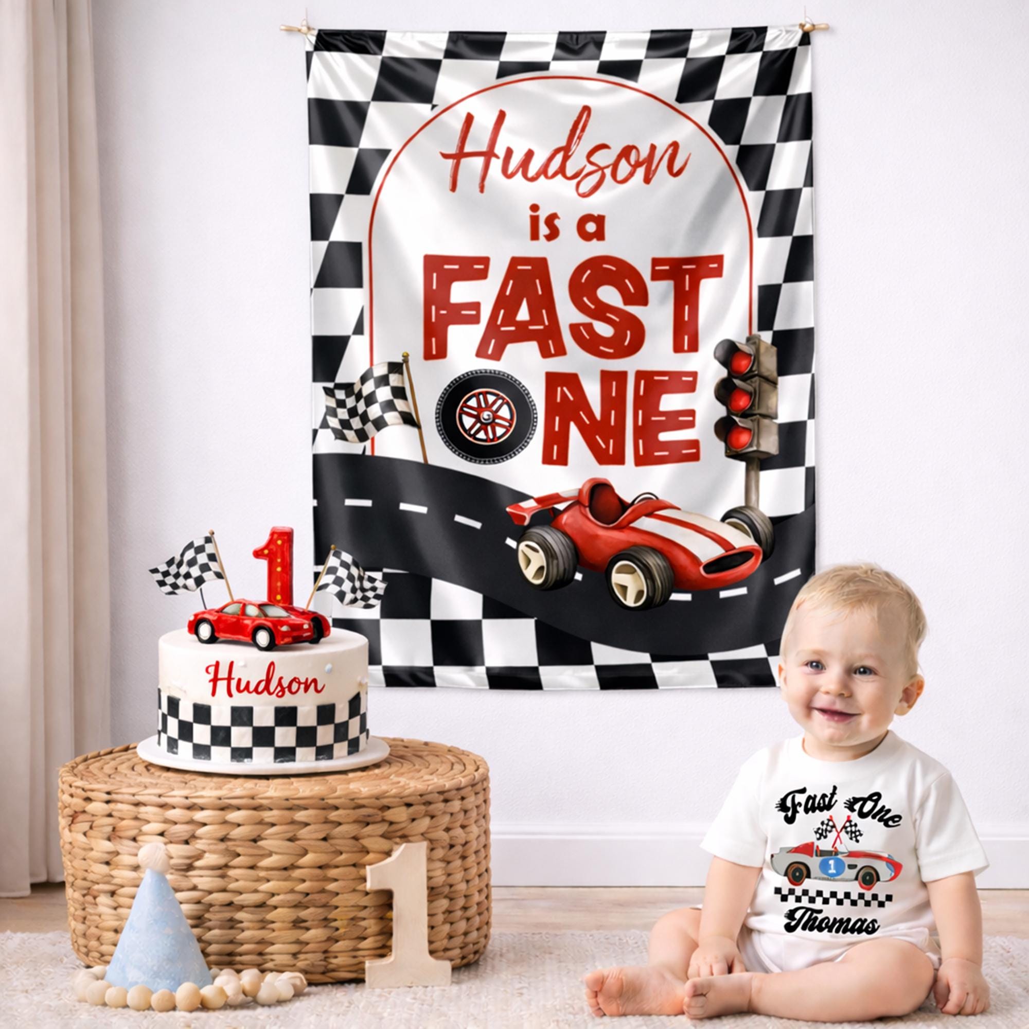 Personalized Fast One Race Car First Birthday Outfit for Baby Boy with Silk Banner and Bubble Romper, Red and Blue Racing Theme