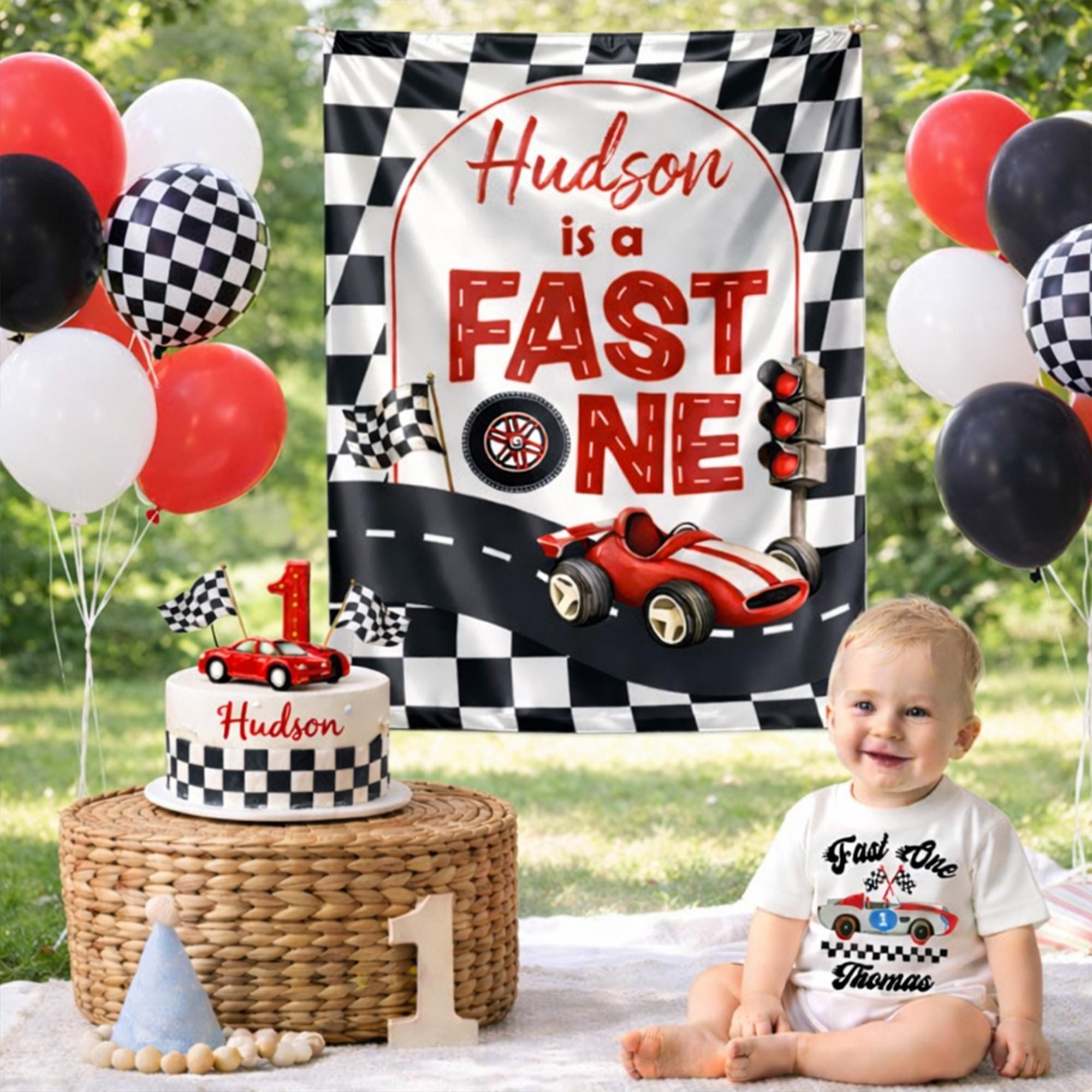 Personalized Fast One Race Car First Birthday Outfit for Baby Boy with Silk Banner and Bubble Romper, Red and Blue Racing Theme