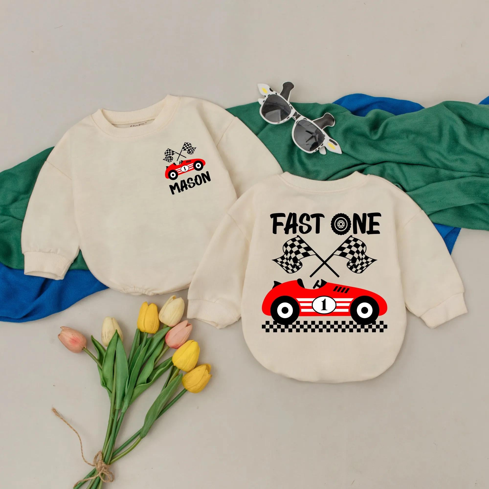 Personalized Fast One Racecar Romper for Baby Boy's First Birthday Celebration Racing Theme with Name Mason Soft Cotton Outfit
