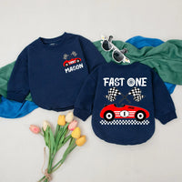Personalized Fast One Racecar Romper for Baby Boy's First Birthday Celebration Racing Theme with Name Mason Soft Cotton Outfit