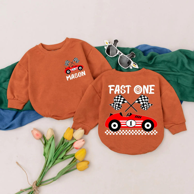 Personalized Fast One Racecar Romper for Baby Boy's First Birthday Celebration Racing Theme with Name Mason Soft Cotton Outfit