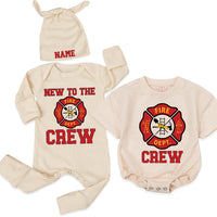 Personalized Fire Dept Crew Baby Bodysuit Set with Name, Matching Family Outfits for Newborns, Toddlers, Soft Cotton Firefighter Theme