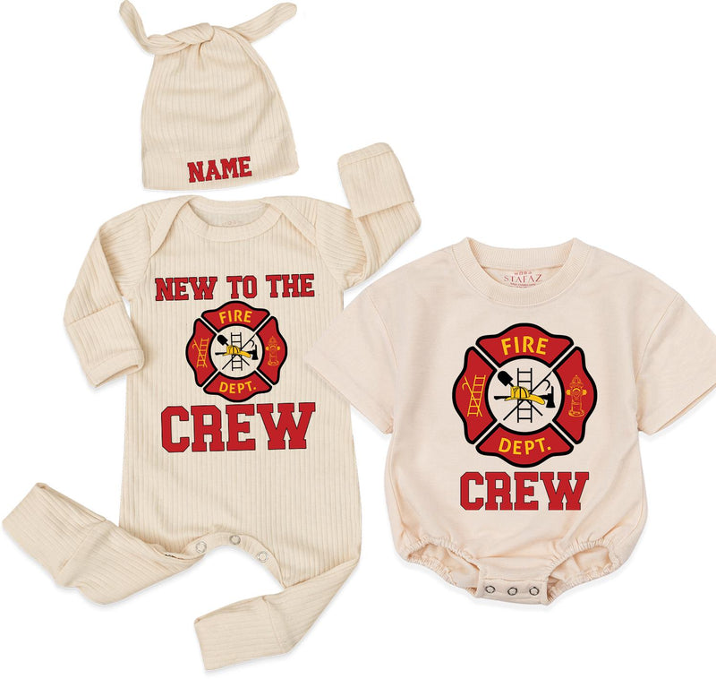 Personalized Fire Dept Crew Baby Bodysuit Set with Name, Matching Family Outfits for Newborns, Toddlers, Soft Cotton Firefighter Theme