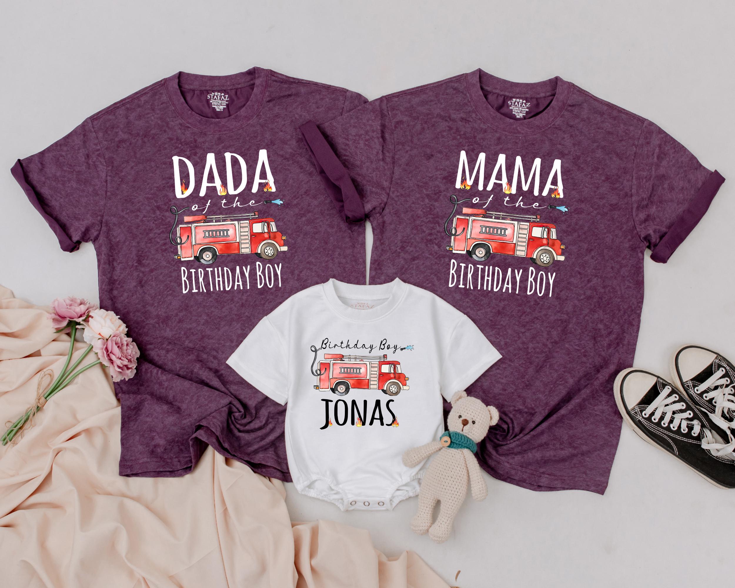 Personalized Fire Truck Birthday Shirt for Boys Vibrant Red Design with Family Names Playful Text Perfect for Party Outfit Celebration
