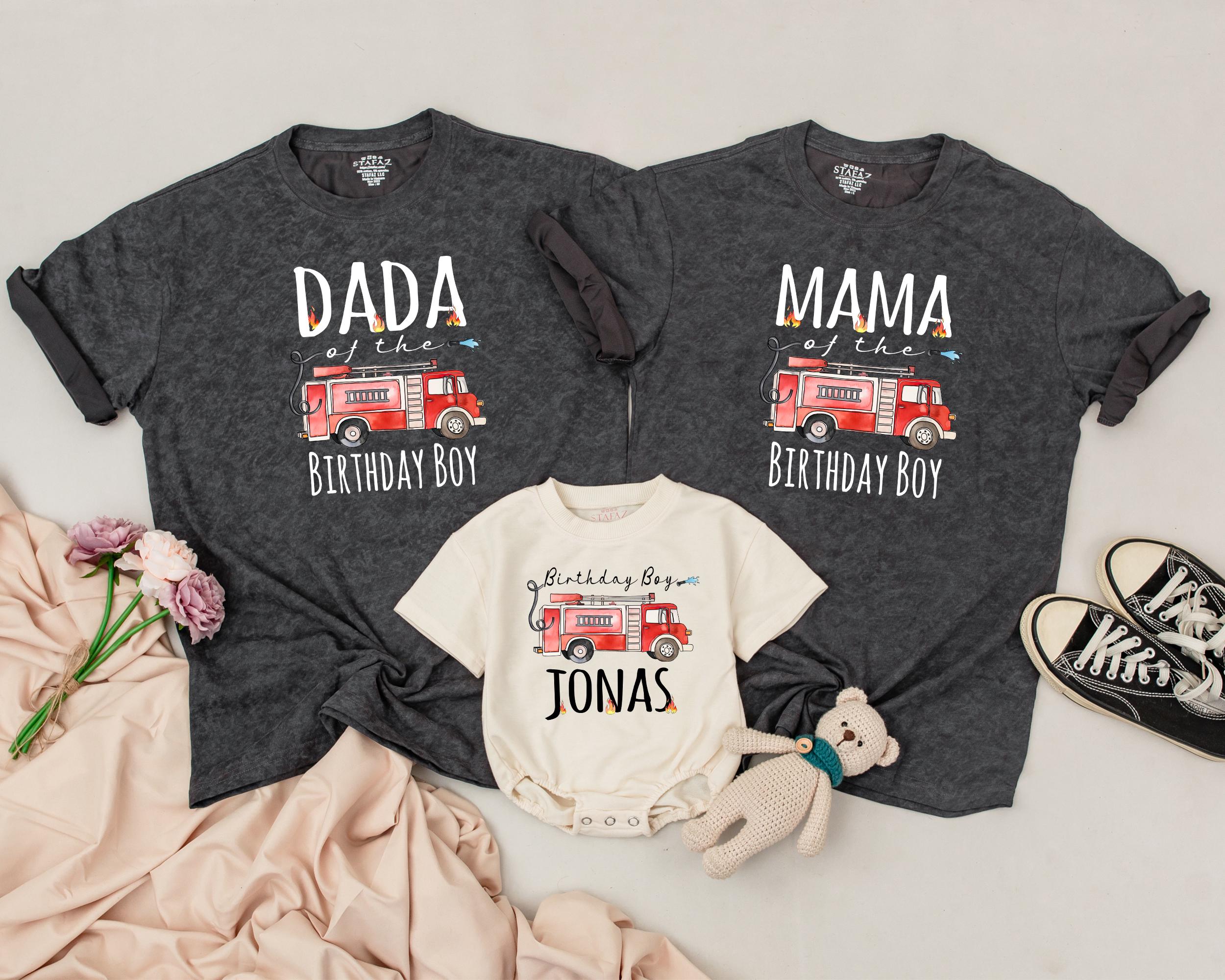 Personalized Fire Truck Birthday Shirt for Boys Vibrant Red Design with Family Names Playful Text Perfect for Party Outfit Celebration