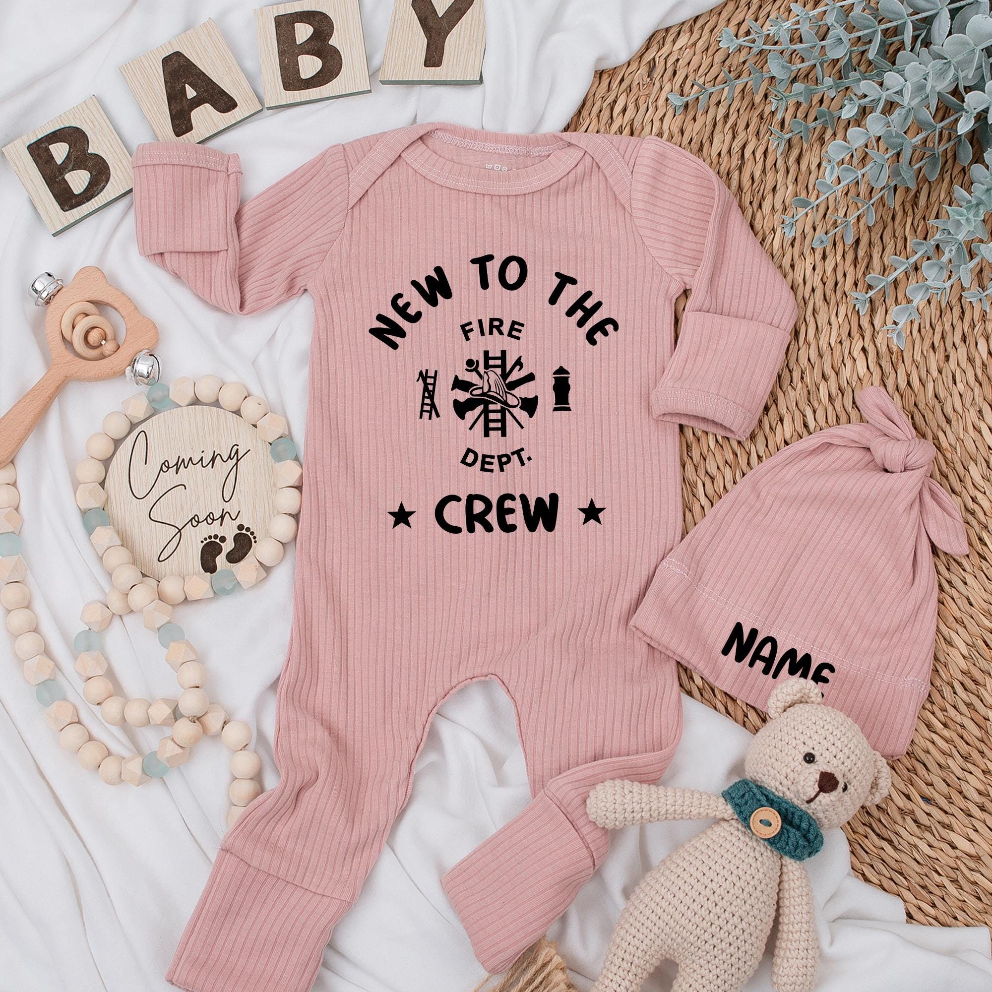 Personalized Firefighter Baby Bodysuit New to the Crew Set Custom Hat Newborn Gift Cotton Outfit Baby Shower Fire Dept Theme