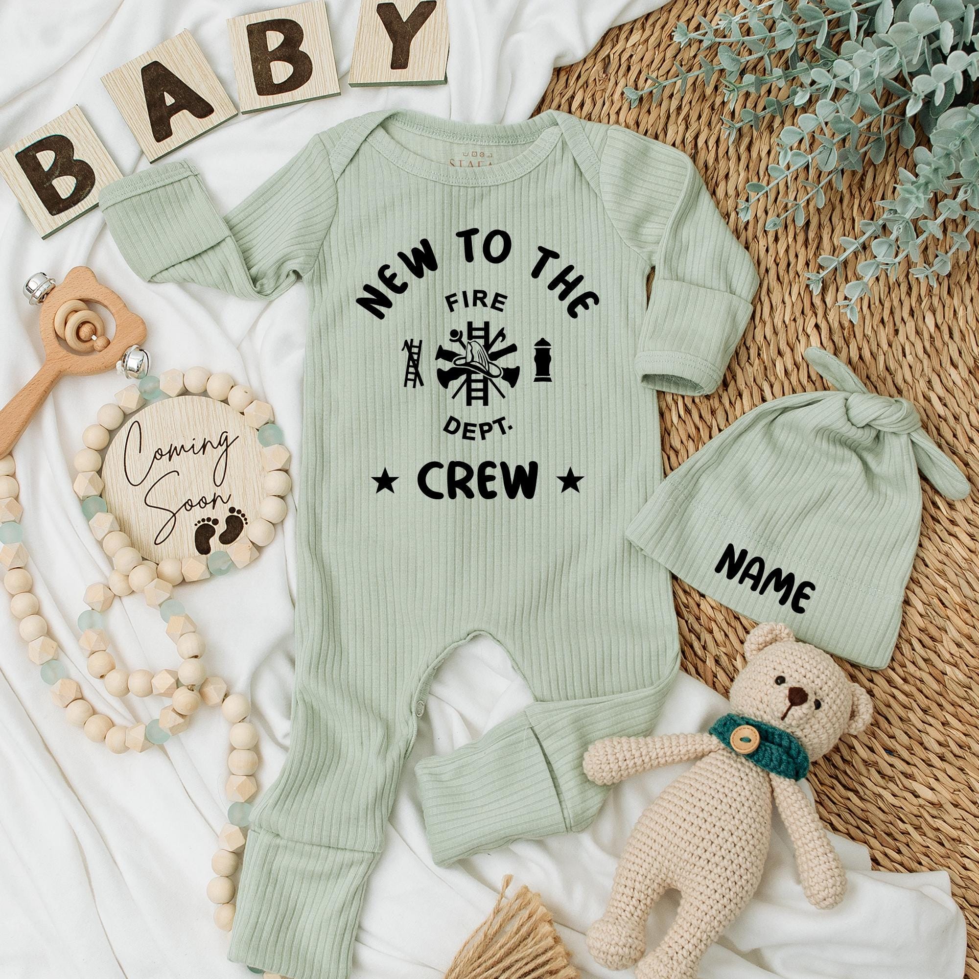 Personalized Firefighter Baby Bodysuit New to the Crew Set Custom Hat Newborn Gift Cotton Outfit Baby Shower Fire Dept Theme
