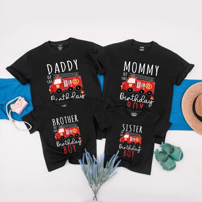 Personalized Firetruck Birthday Family Shirts for Mom, Dad, Brother and Birthday Boy, Fun Firefighter Party Outfit, Custom Names Included
