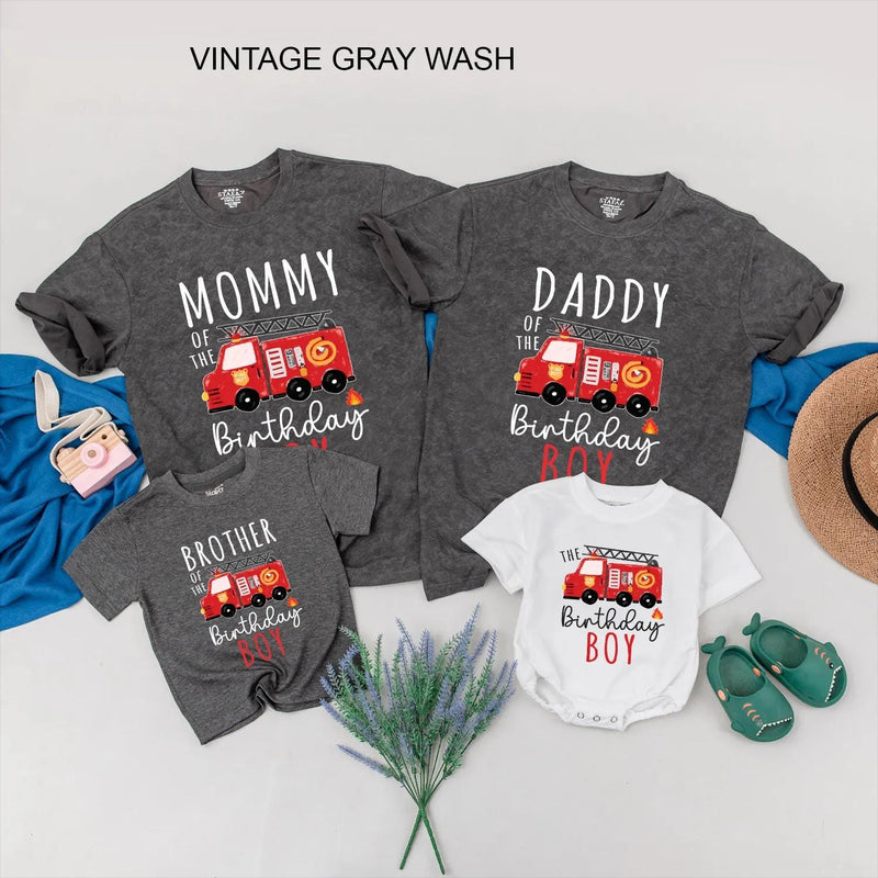 Personalized Firetruck Birthday Family Shirts for Mom, Dad, Brother and Birthday Boy, Fun Firefighter Party Outfit, Custom Names Included