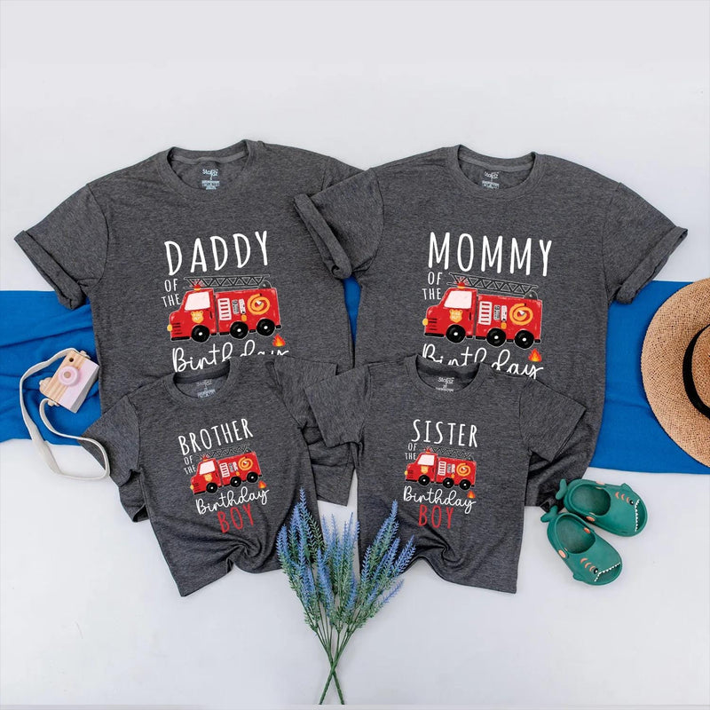 Personalized Firetruck Birthday Family Shirts for Mom, Dad, Brother and Birthday Boy, Fun Firefighter Party Outfit, Custom Names Included