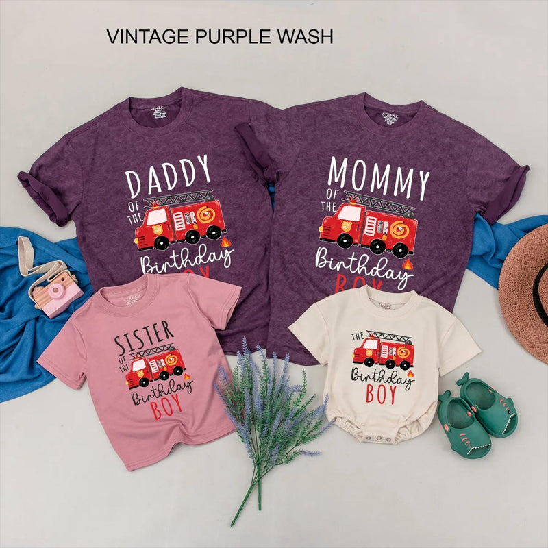 Personalized Firetruck Birthday Family Shirts for Mom, Dad, Brother and Birthday Boy, Fun Firefighter Party Outfit, Custom Names Included