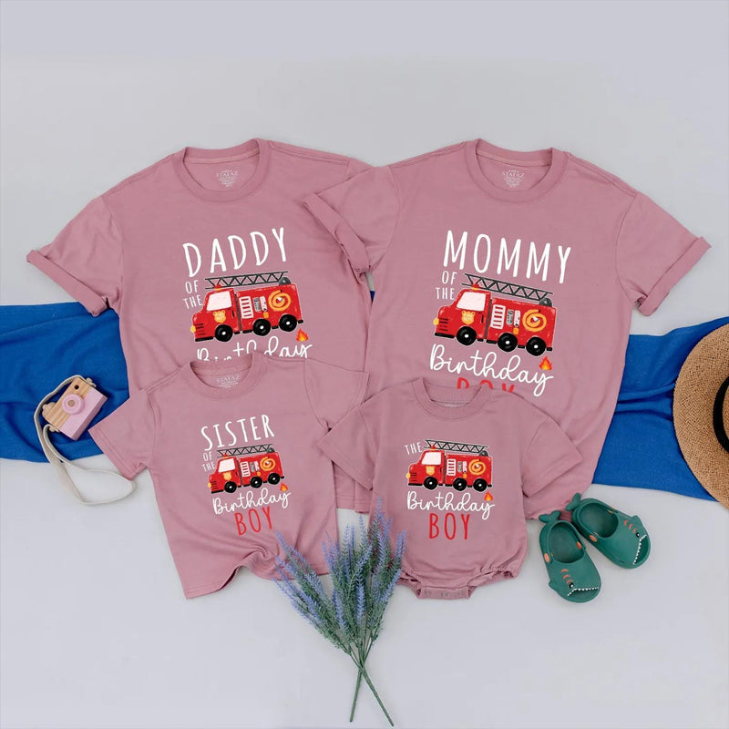 Personalized Firetruck Birthday Family Shirts for Mom, Dad, Brother and Birthday Boy, Fun Firefighter Party Outfit, Custom Names Included