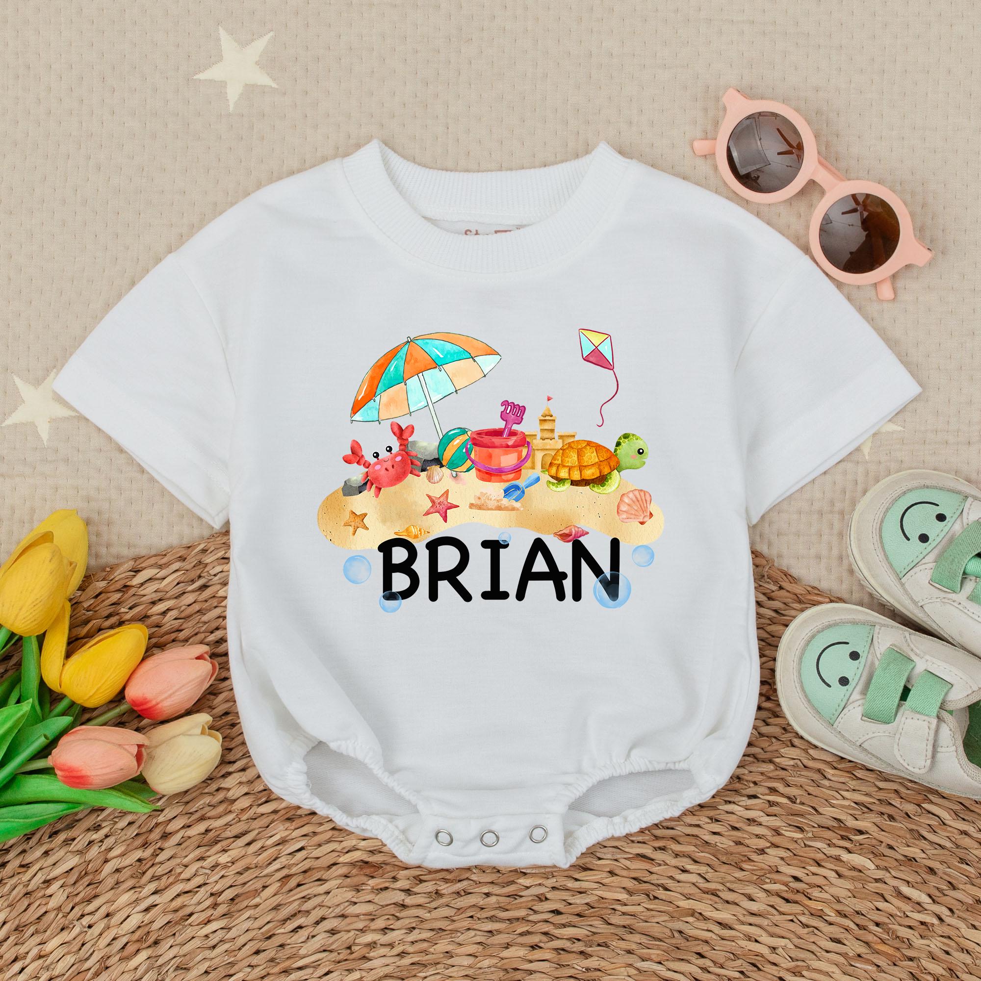Personalized First Beach Vacation Baby Romper Colorful Sandcastle Turtle Kite Design Infant Gift Soft Cotton Summer Outfit