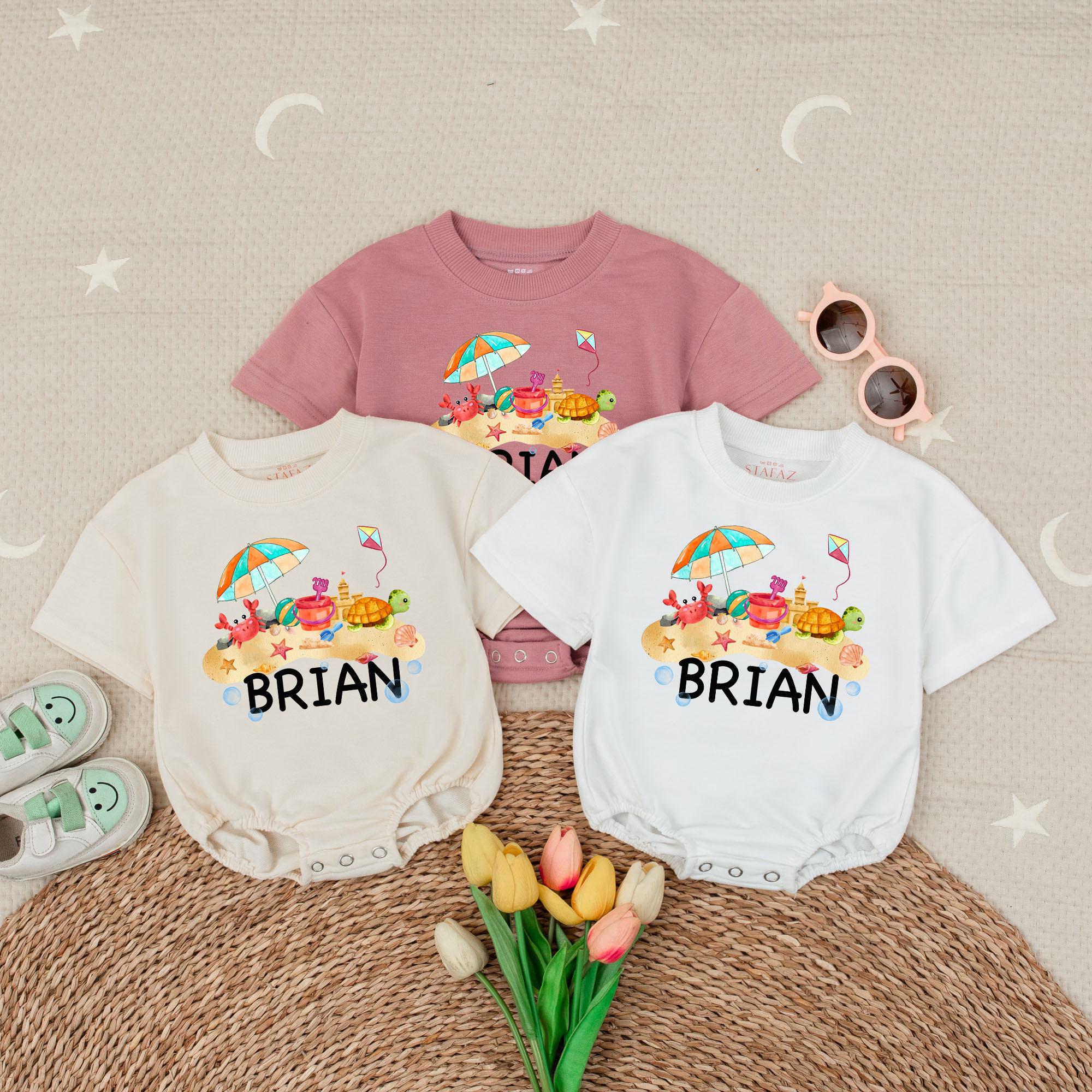 Personalized First Beach Vacation Baby Romper Colorful Sandcastle Turtle Kite Design Infant Gift Soft Cotton Summer Outfit