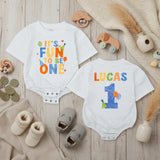 Personalized First Birthday Baby Boy Romper with Name and Age It's Fun to Be One Outfit for Party or Cake Smash Bright Whimsical Design