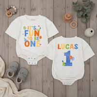 Personalized First Birthday Baby Boy Romper with Name and Age It's Fun to Be One Outfit for Party or Cake Smash Bright Whimsical Design