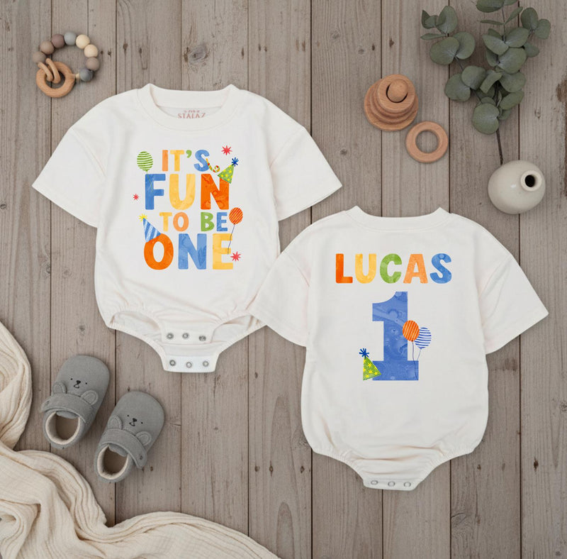 Personalized First Birthday Baby Boy Romper with Name and Age It's Fun to Be One Outfit for Party or Cake Smash Bright Whimsical Design