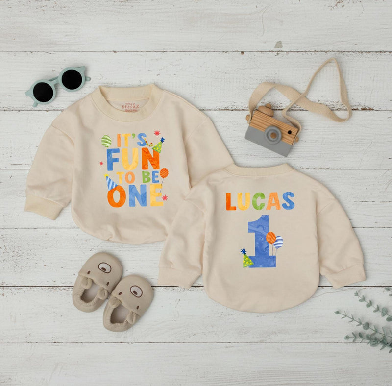 Personalized First Birthday Baby Boy Romper with Name and Age It's Fun to Be One Outfit for Party or Cake Smash Bright Whimsical Design