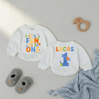 Personalized First Birthday Baby Boy Romper with Name and Age It's Fun to Be One Outfit for Party or Cake Smash Bright Whimsical Design