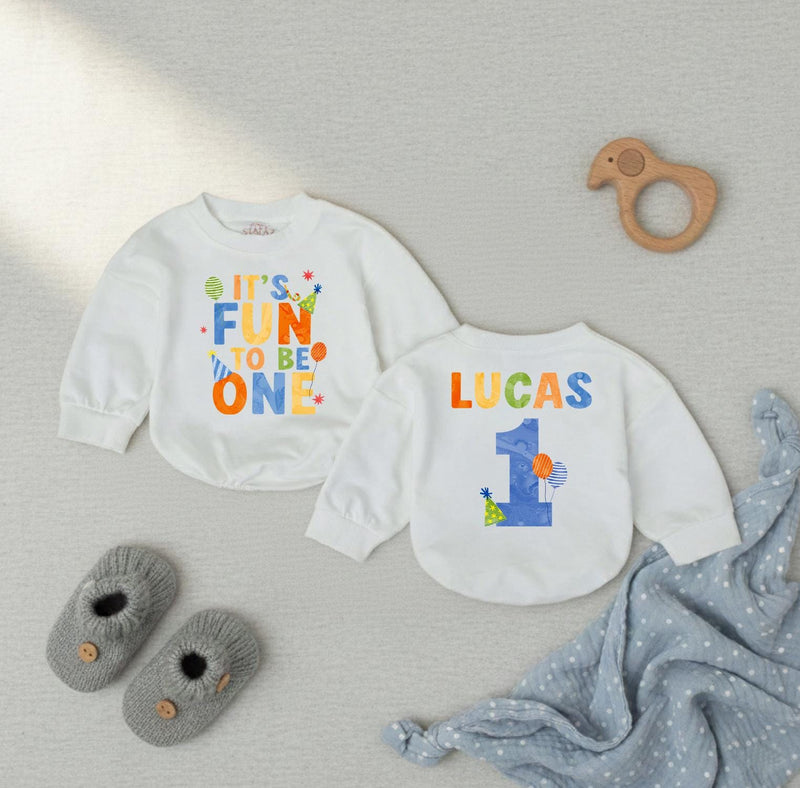 Personalized First Birthday Baby Boy Romper with Name and Age It's Fun to Be One Outfit for Party or Cake Smash Bright Whimsical Design