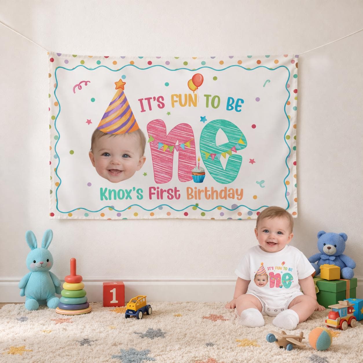 Personalized First Birthday Baby Outfit with Matching Banner, Doodle Photo Backdrop Decor, Custom Name Romper for Party Celebration