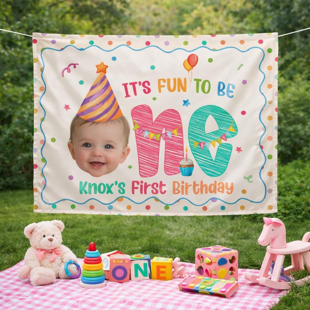 Personalized First Birthday Baby Outfit with Matching Banner, Doodle Photo Backdrop Decor, Custom Name Romper for Party Celebration